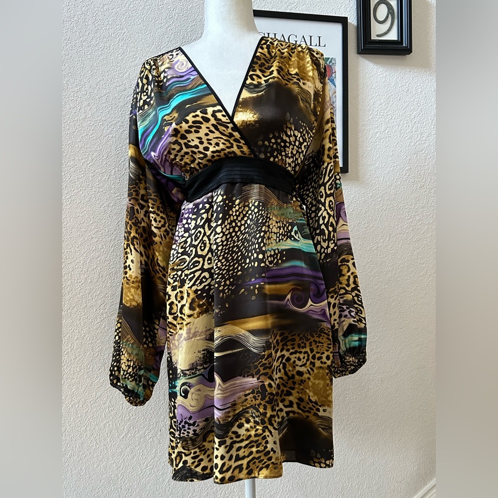 Galina Sobolev animal print dress XL Knee length Empire waist Satiny silkNWT